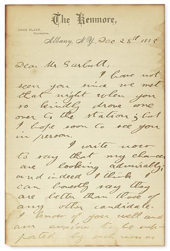 ROOSEVELT, THEODORE. Autograph Letter Signed, as Assemblyman, to New York Assemblyman Philip Garbutt (Dear Mr. Garbutt),